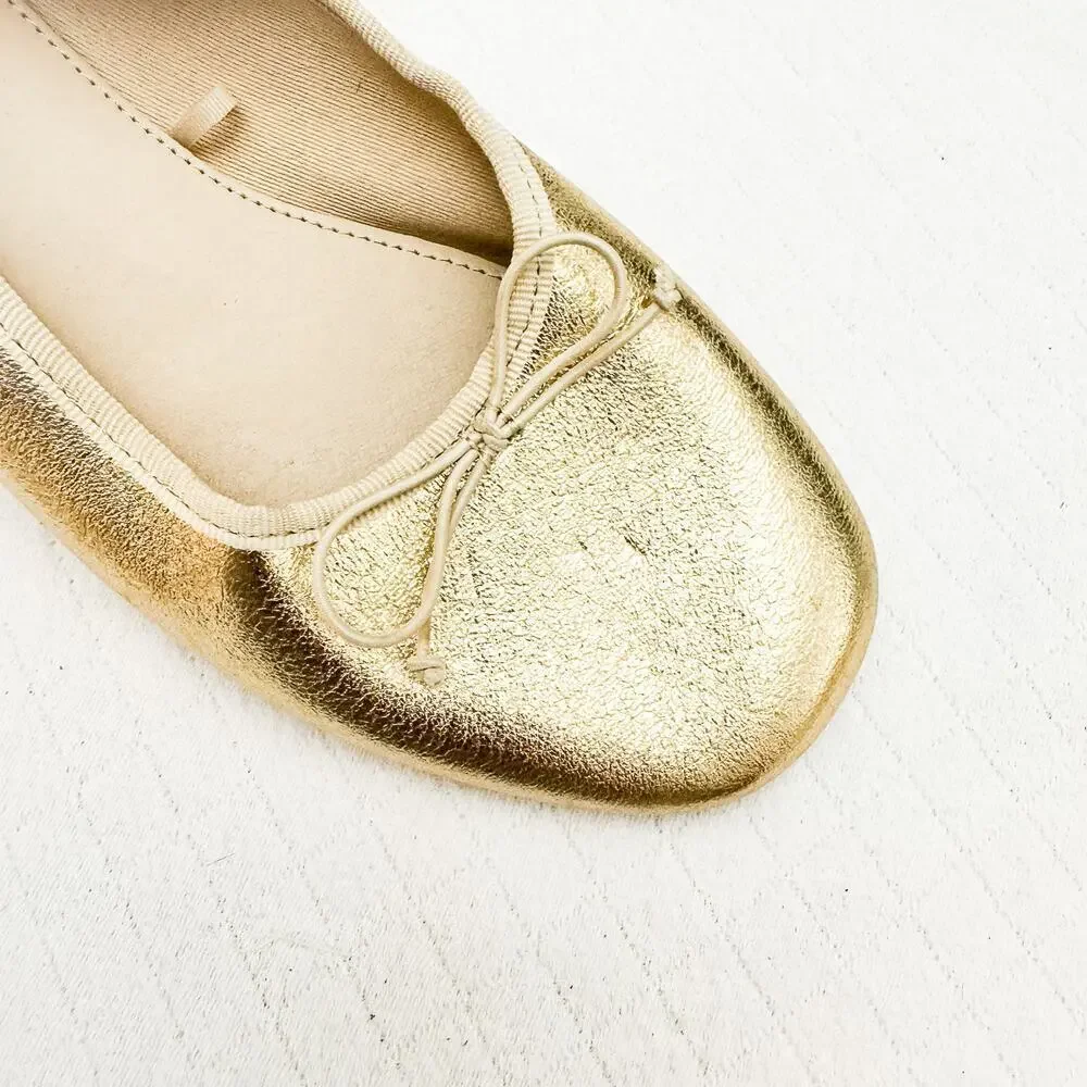 Zara Square Toe Flat Sandal Bow Front Accent Metallic Gold Size 36 EUC
